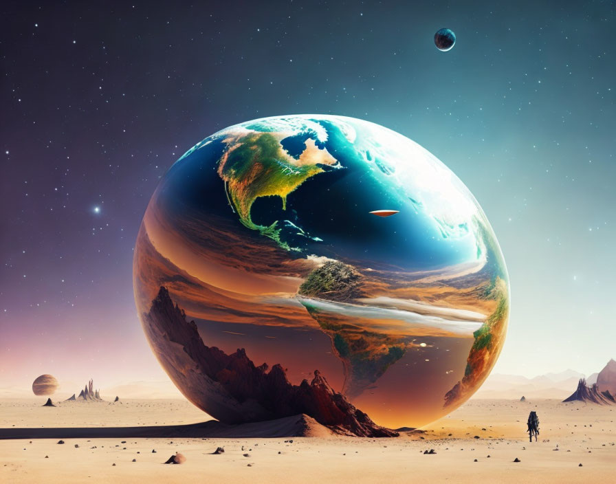 Person observes surreal desert landscape with giant hyper-detailed Earth in sky