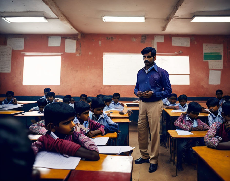 Focused students in a classroom with a teacher