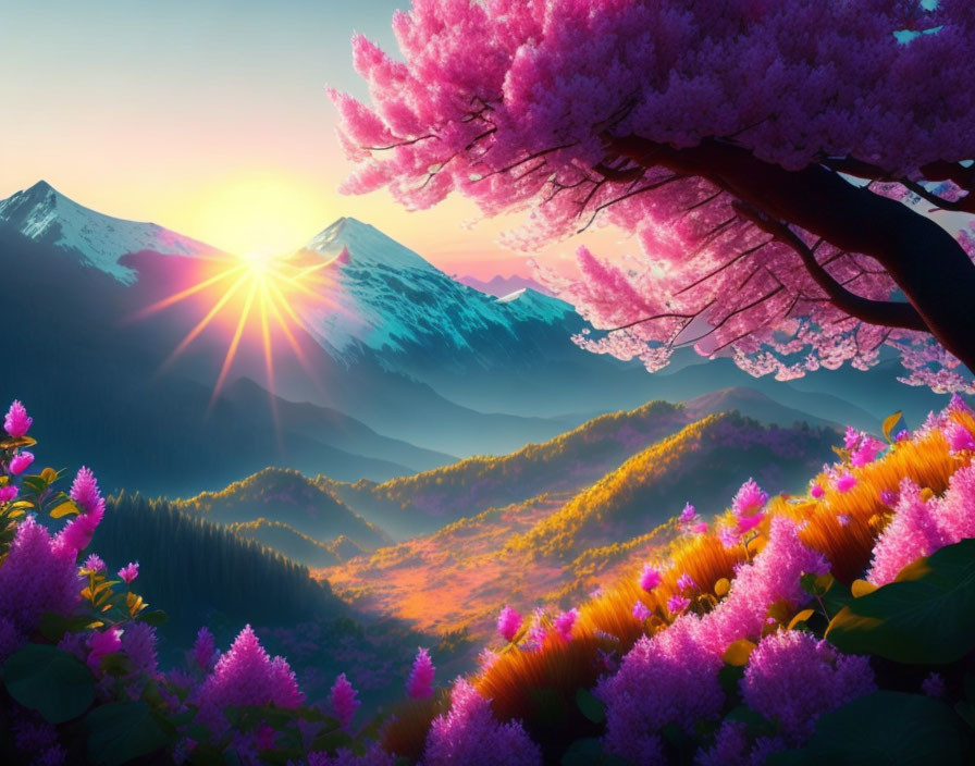 Colorful Landscape with Pink Blossoming Trees, Sunburst, Snowy Mountains, and Flowers at Dawn