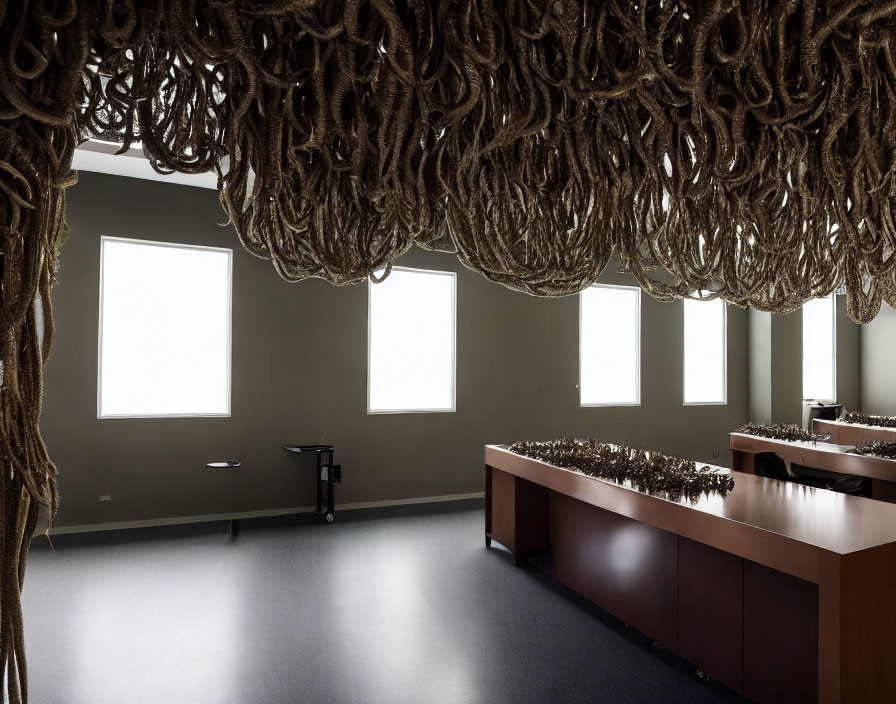 Modern room with dense rope-like installation and dark wooden reception desk