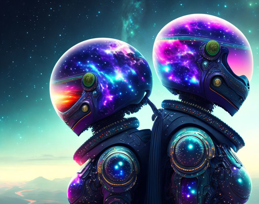 Futuristic robotic figures with galaxy helmets in twilight mountain scenery