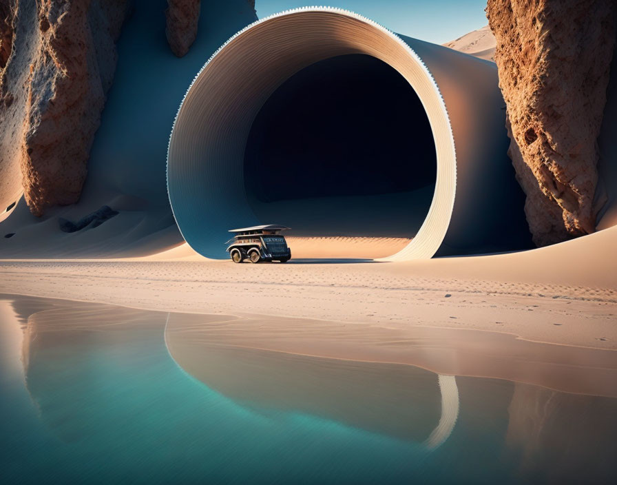 Vehicle Exiting Circular Desert Tunnel with Sand Dunes