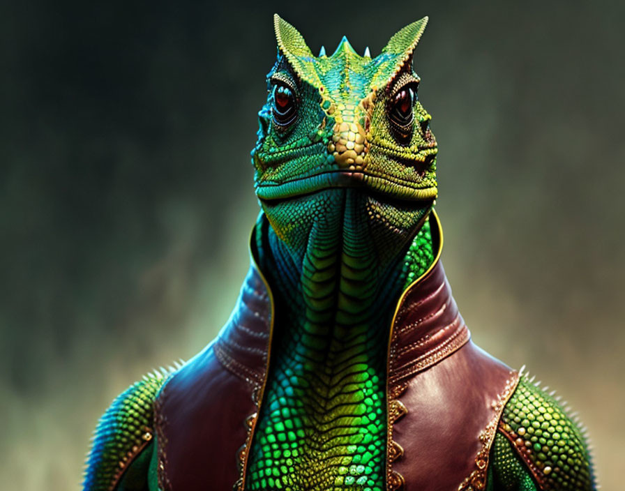 Colorful anthropomorphic lizard character with green scales and yellow eyes in maroon leather jacket