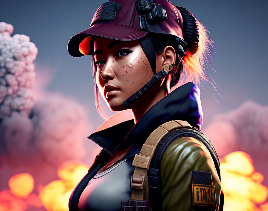 Digital artwork of stern woman in tactical gear with explosions.