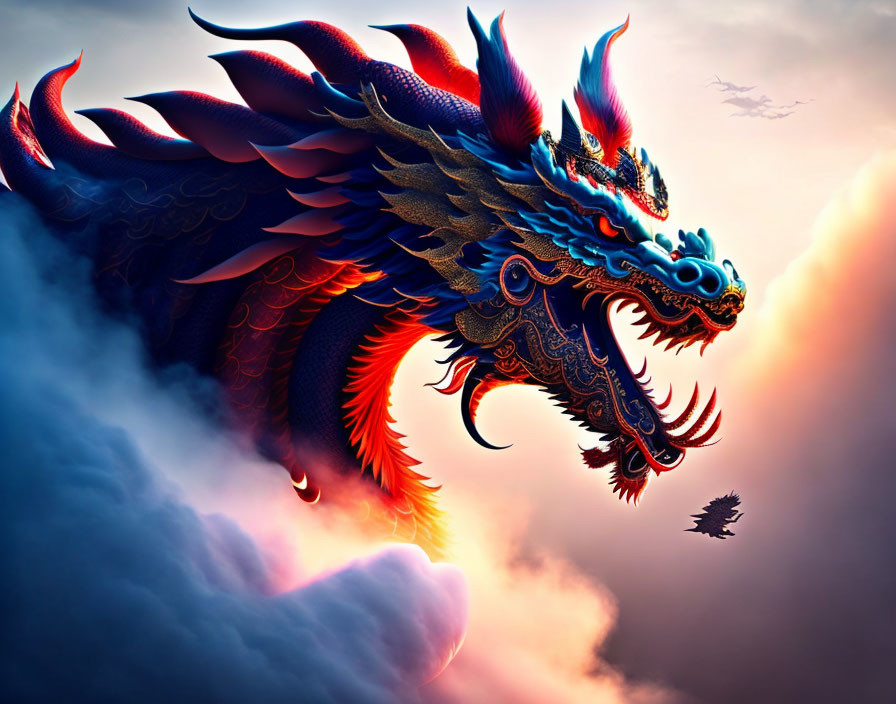 Detailed digital artwork: Blue and red dragon soaring in warm sky