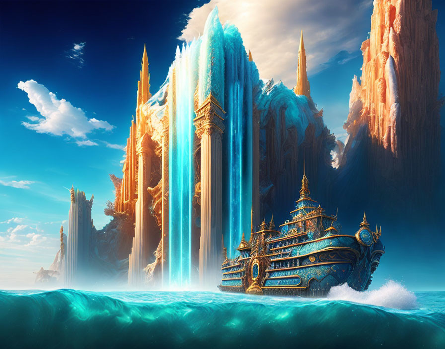 Fantastical ship near towering waterfalls and golden cliffs