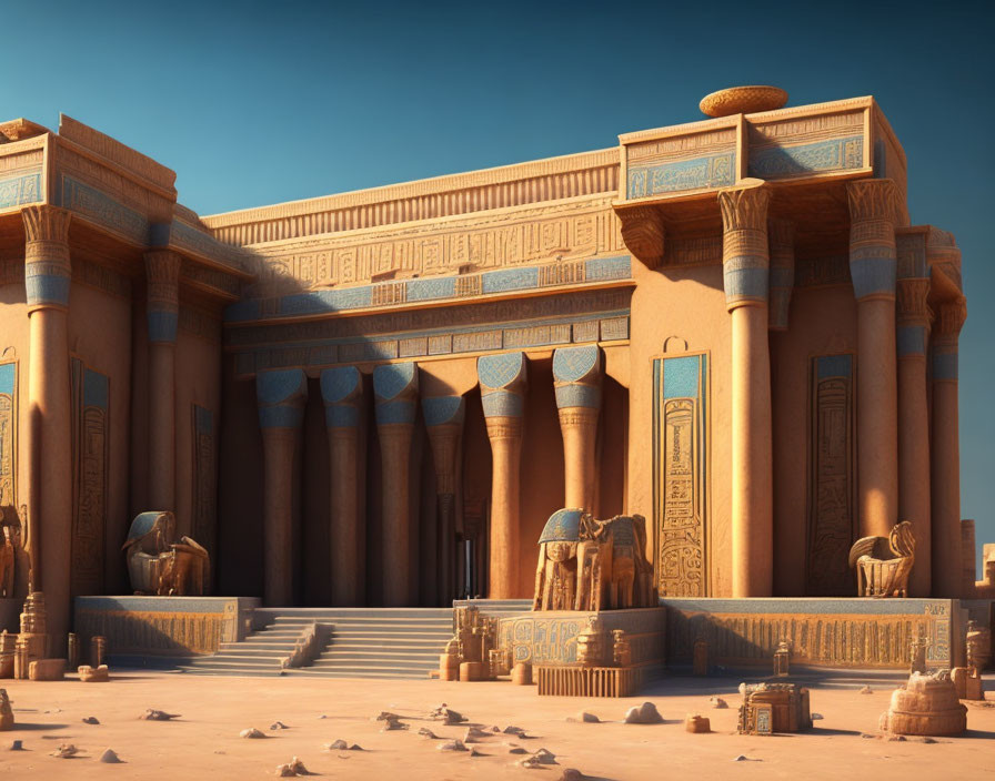 Ancient Egyptian temple entrance with hieroglyph-adorned columns and statues