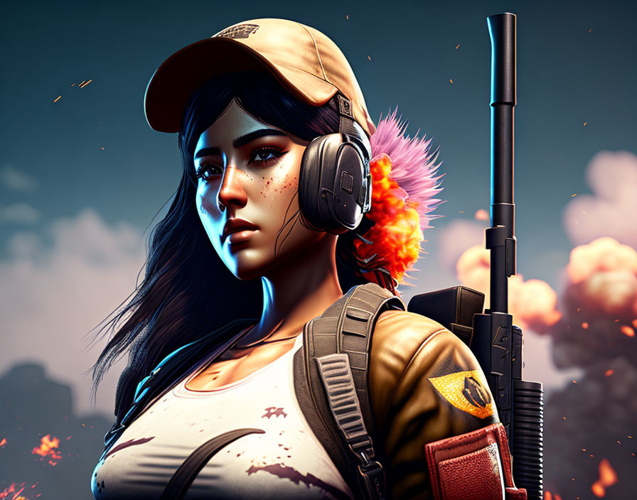 Digital artwork: Woman with cap, headphones, backpack, rifle, embers, clouds.