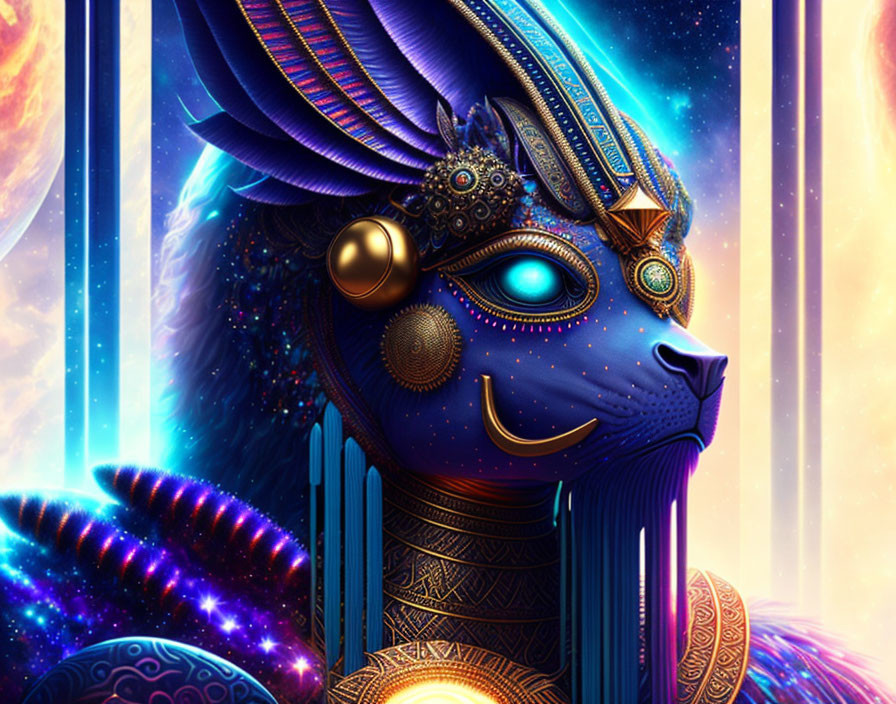 Colorful digital artwork of cosmic-themed feline figure