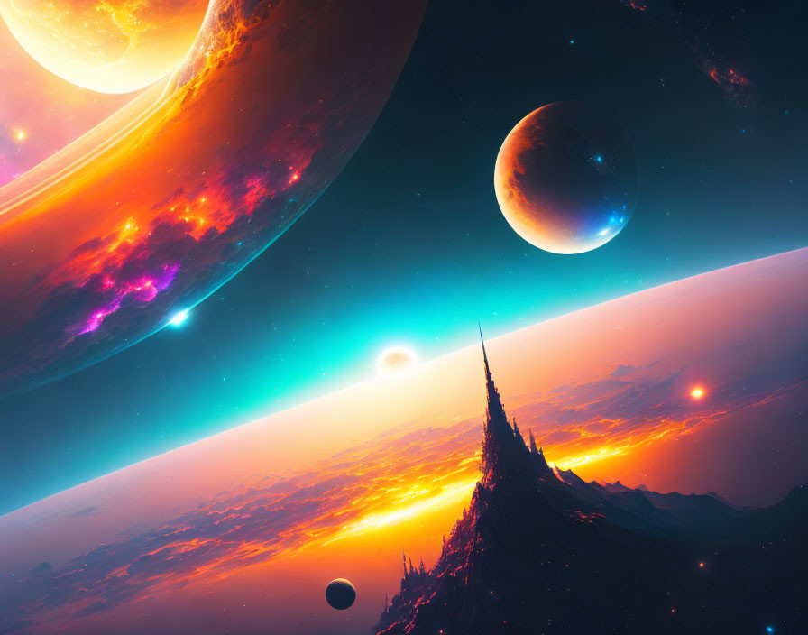 Colorful Sci-Fi Landscape with Planets, Moons, and Nebulae