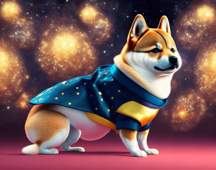 Shiba Inu Dog in Superhero Costume on Cosmic Background