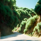 Scenic image of winding road through green hills under blue sky