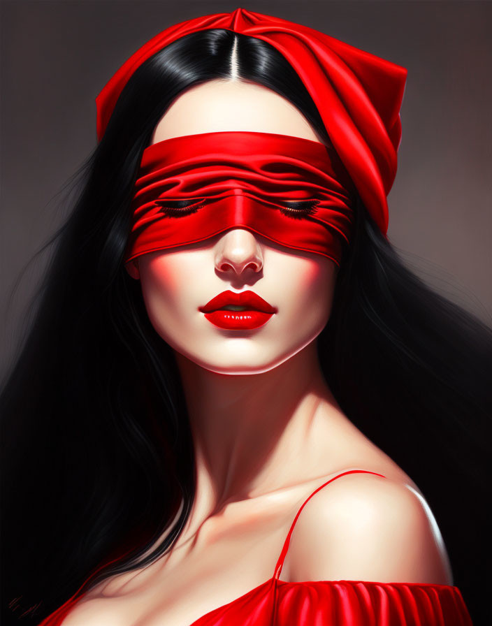 Portrait of woman with long black hair, red blindfold, off-shoulder dress, and mysterious