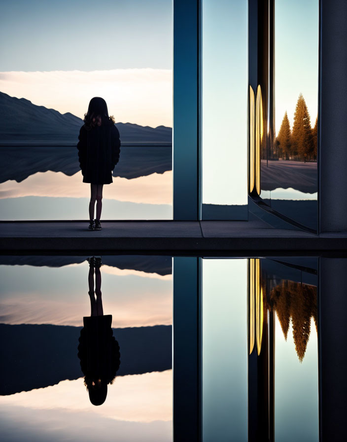 Symmetrical Reflection with Sunset, Trees, and Architecture