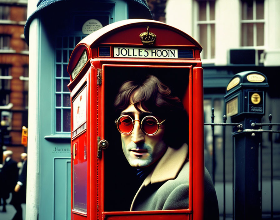 Red British Phone Booth with Man in Round Glasses Artwork