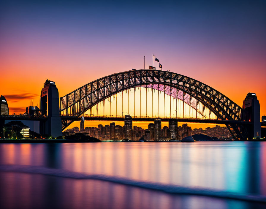 Sydney Harbour Bridge at sunset with colorful sky and calm waters.