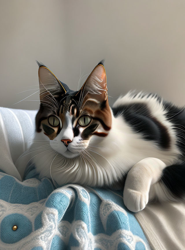 Black and White Cat with Green Eyes on Blue Blanket