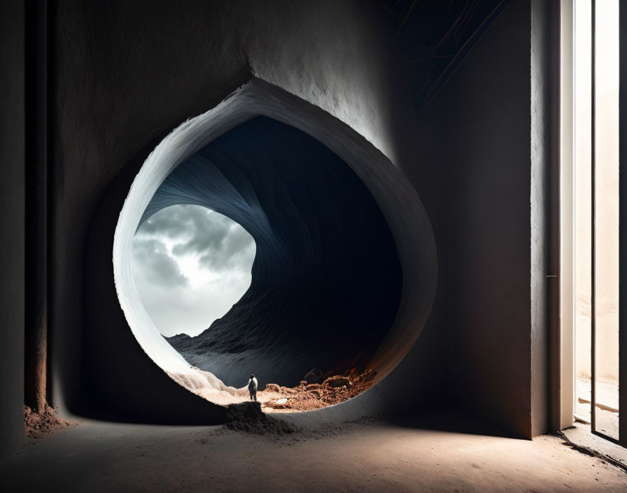 Person at Entrance of Circular Tunnel Leading to Sandy Landscape