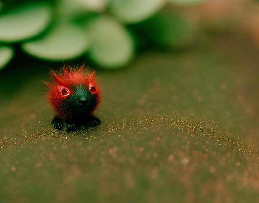 Bright red fur whimsical creature on green leafy background