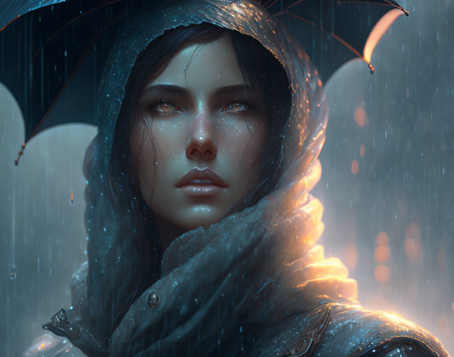 Woman with Dark Hair and Blue Eyes Holding Umbrella in Rain