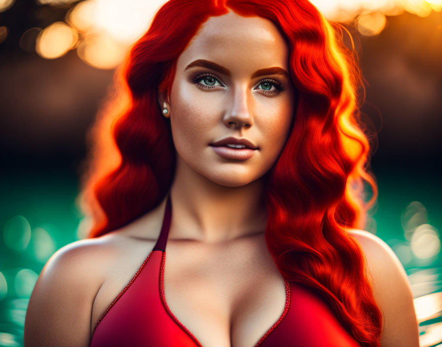 Red-haired woman in red top against warm bokeh-lit green backdrop