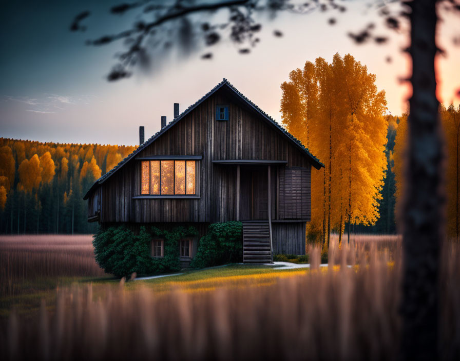 Autumnal forest scene: Cozy wooden cabin with glowing windows at dusk