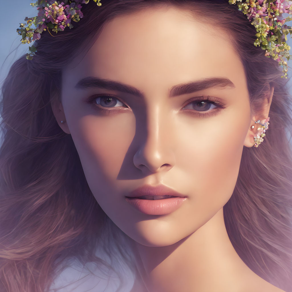 Digital Portrait of Woman with Floral Crown and Subtle Makeup on Soft Blue Background