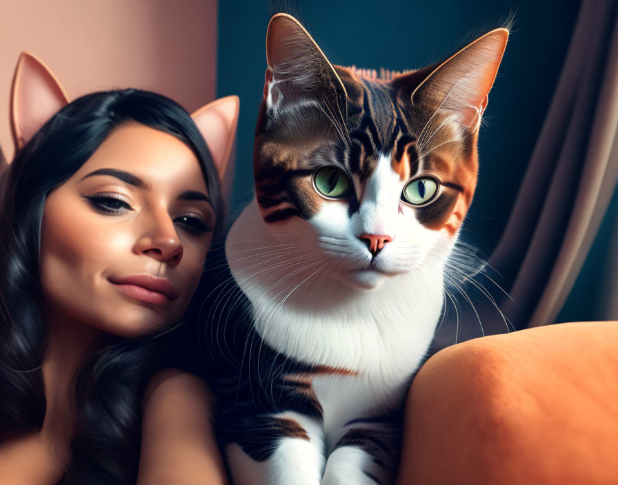 Woman with Cat Ear Headband Posing Closely with Tabby Cat in Softly Lit Room