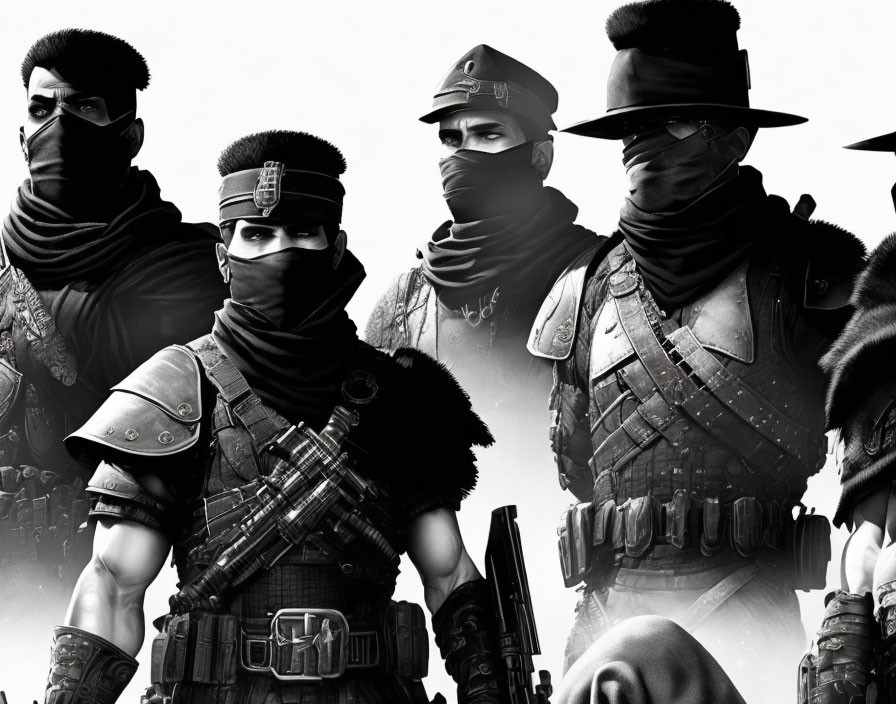 Stylized monochrome soldiers in modern gear and weapons