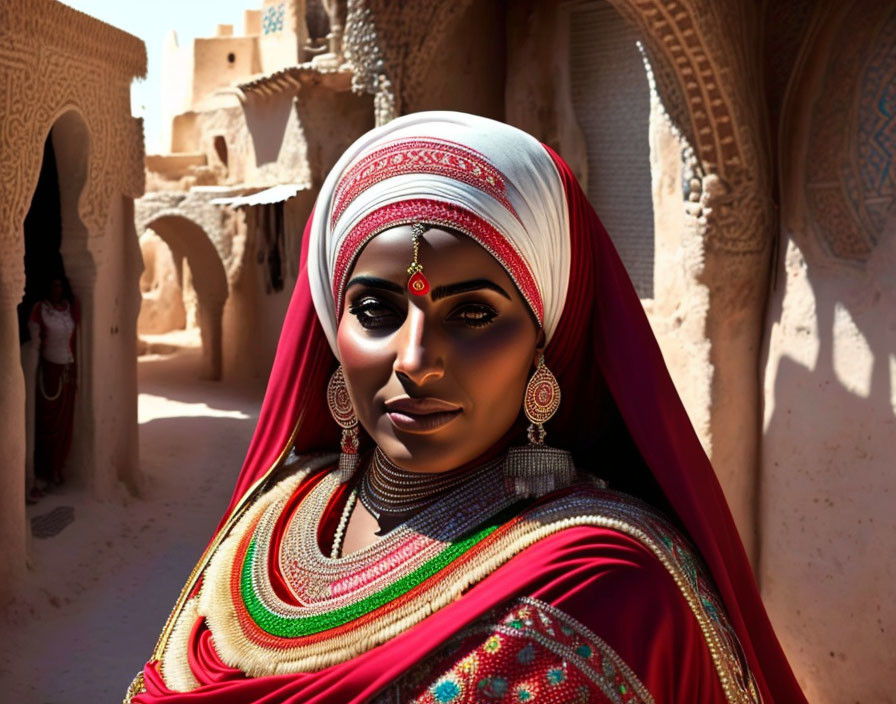 Traditional Attire Woman with Vibrant Colors and Jewelry in Old Town