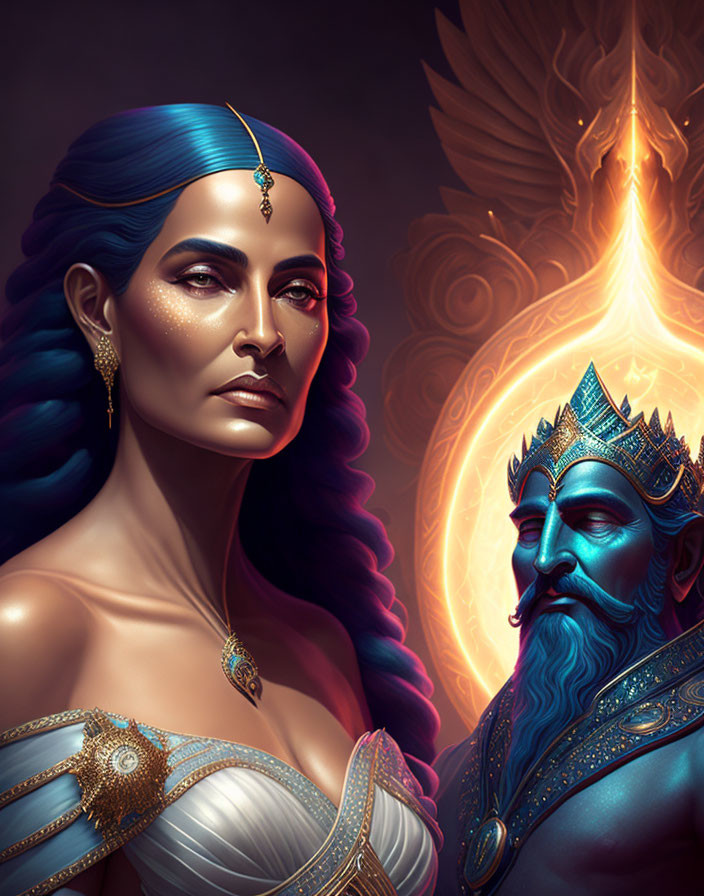 Digital artwork of regal woman and man with blue hair and crown in gold against fiery backdrop