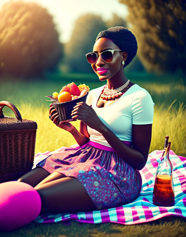 Woman in sunglasses on picnic blanket with fruit basket in sunny park