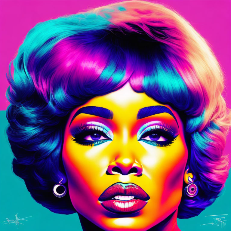 Colorful digital portrait of confident woman with vibrant hair and makeup on pink and blue backdrop
