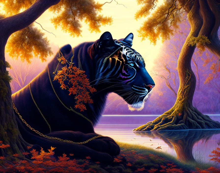 Illustration of Black Tiger Resting by Tranquil Lake with Vibrant Trees