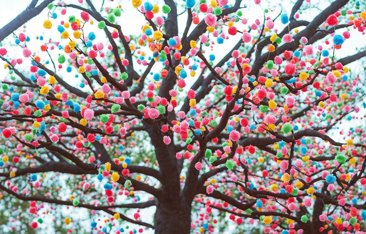 Colorful Pom-Pom Tree Against Cloudy Sky Background