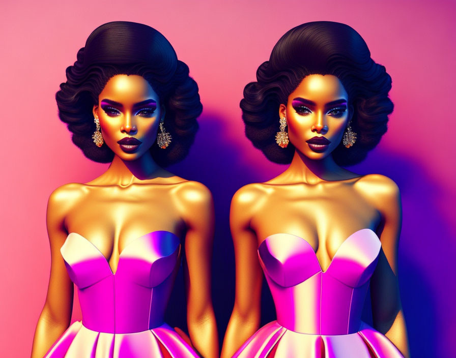 Identical 3D-rendered women in pink dresses with stylish hairdos on gradient background