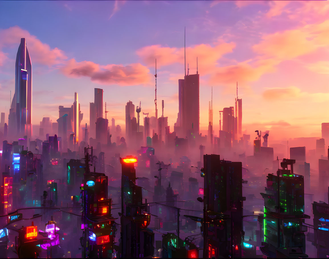 Futuristic city skyline at sunset with neon signs and skyscrapers