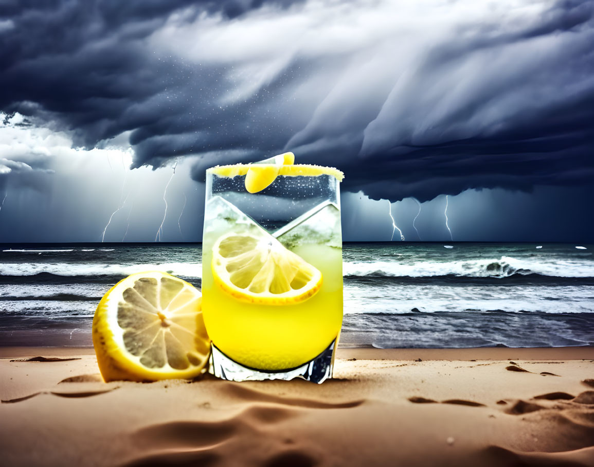 Lemonade glass with lemon slice, stormy sea backdrop