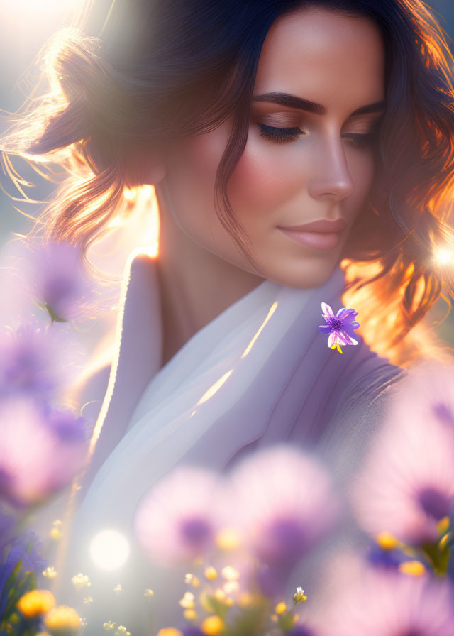 Dark-haired woman surrounded by flowers in warm sunlight with a small purple flower.