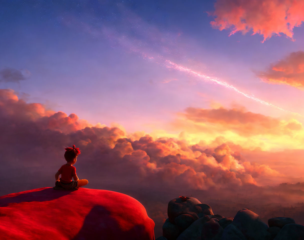 Child admiring sunset sky on red rock at dusk