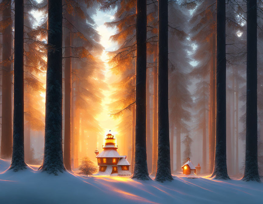 Snowy forest with cottage, lighthouse, and golden light in serene setting