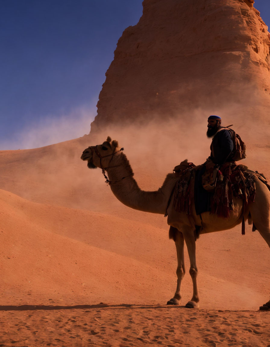 Camel rider near sand dune under clear sky with blowing sand