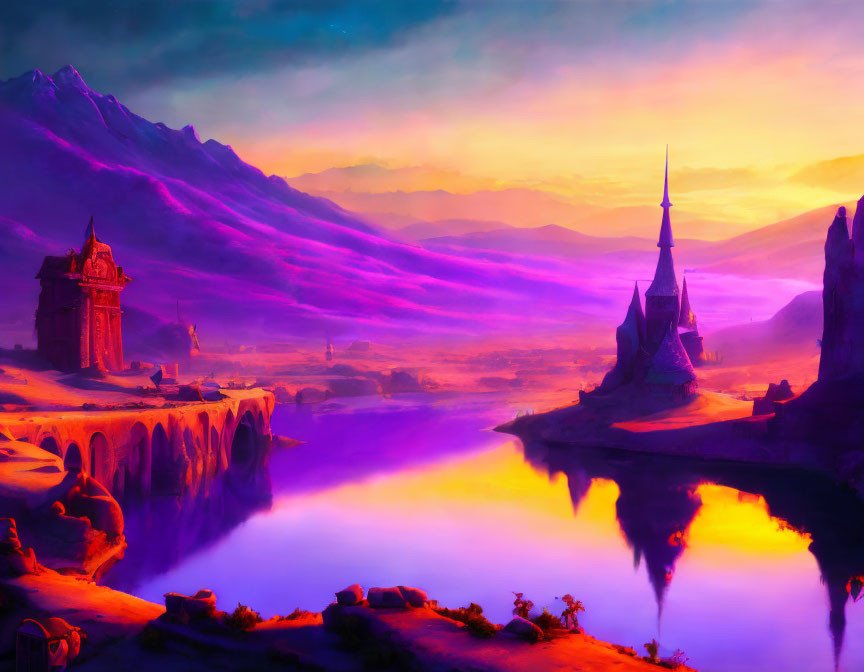 Fantasy landscape at sunset with castle, river, bridge, mountains, starry sky