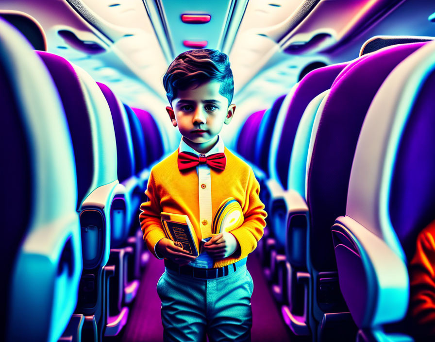 Young boy in smart outfit with bow tie holding passport and boarding pass in airplane aisle