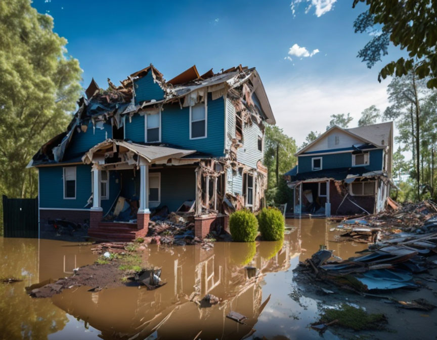 Severely Damaged House in Floodwaters with Debris under Cloudy Sky