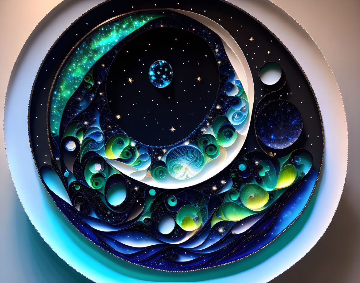 Vibrant cosmic scene with swirling patterns and planets in circular frame