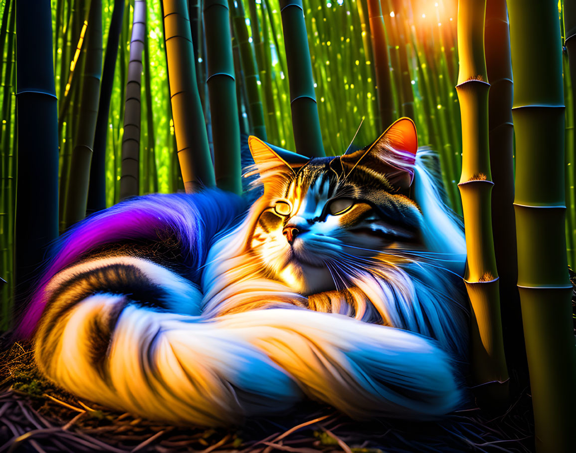 Colorful digital artwork: Cat in bamboo forest under starry sky