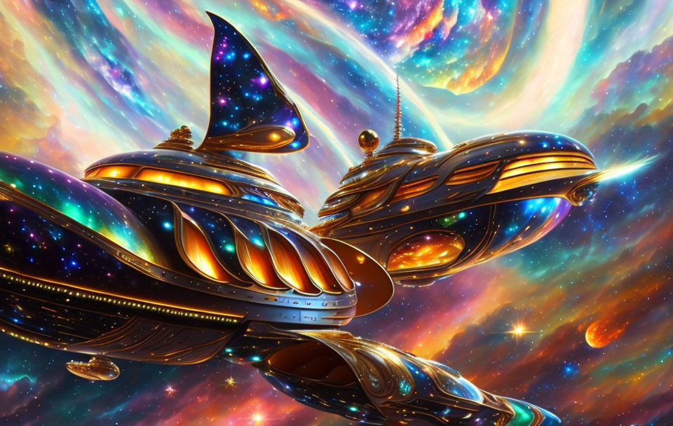 Colorful futuristic spacecrafts soar through vibrant galactic nebula.