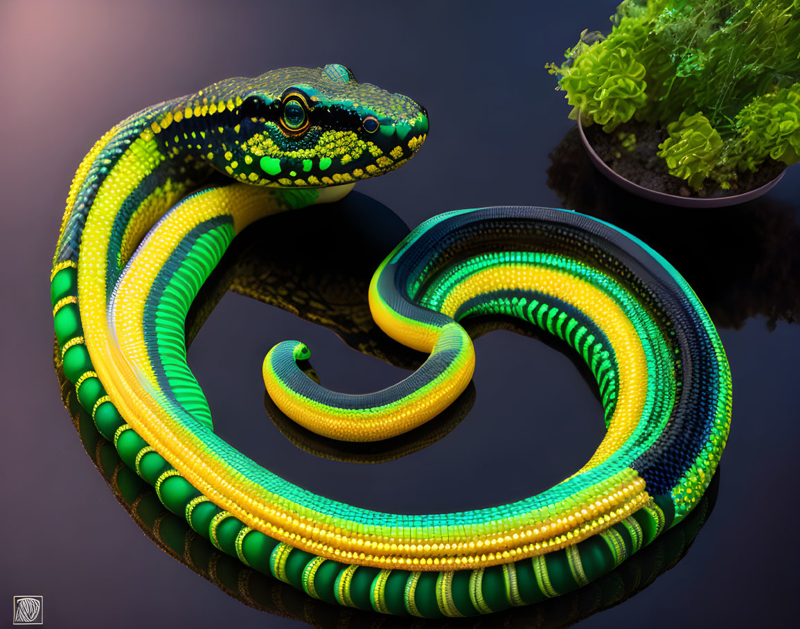 Colorful Digital Artwork: Coiled Snake with Intricate Patterns in Yellow, Green, and Blue