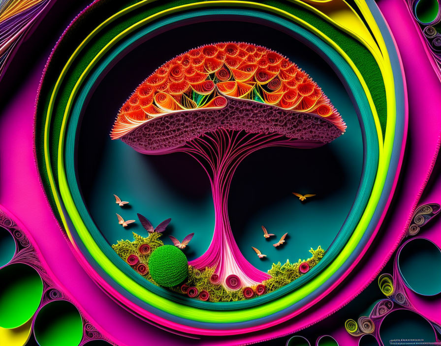 Colorful digital art: Tree with swirl-patterned foliage in surreal landscape